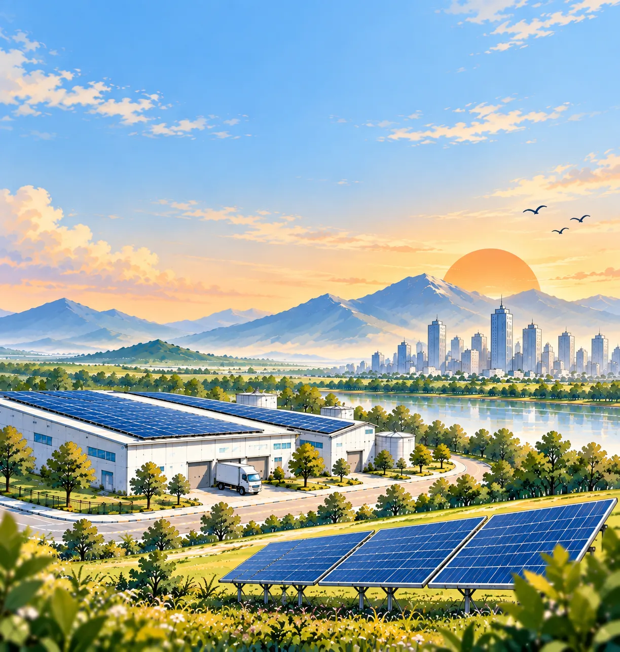 NCS Solar warehouse, solar farm and city skyline at sunrise